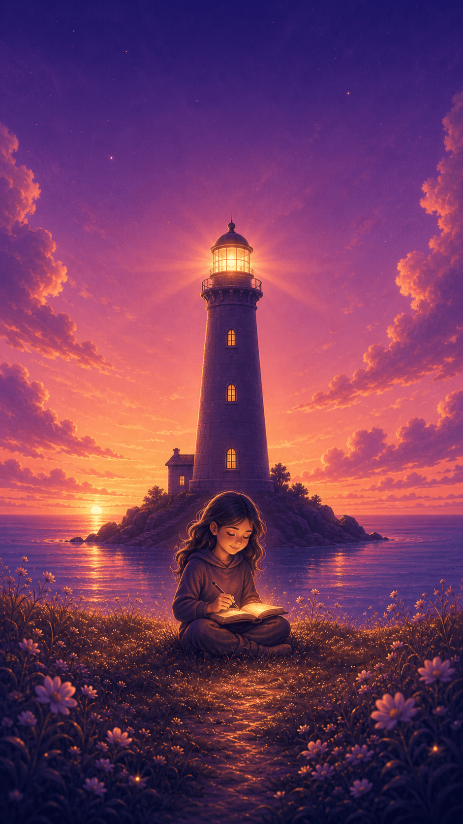 A dream journaler writing beneath a glowing lighthouse at sunset.